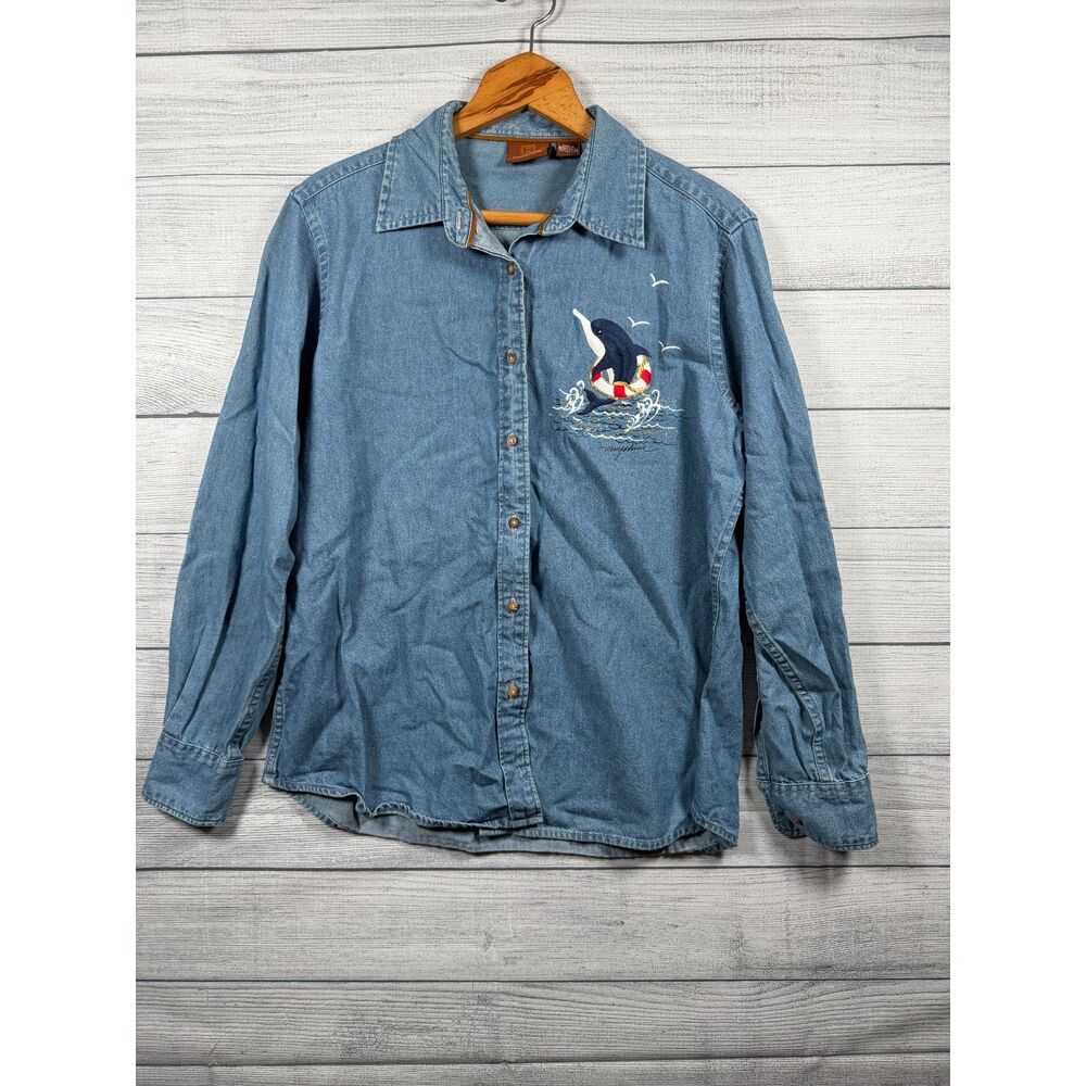 Harriton Women's L Blue Denim Dolphin Embroidered Button Down Shirt 1340